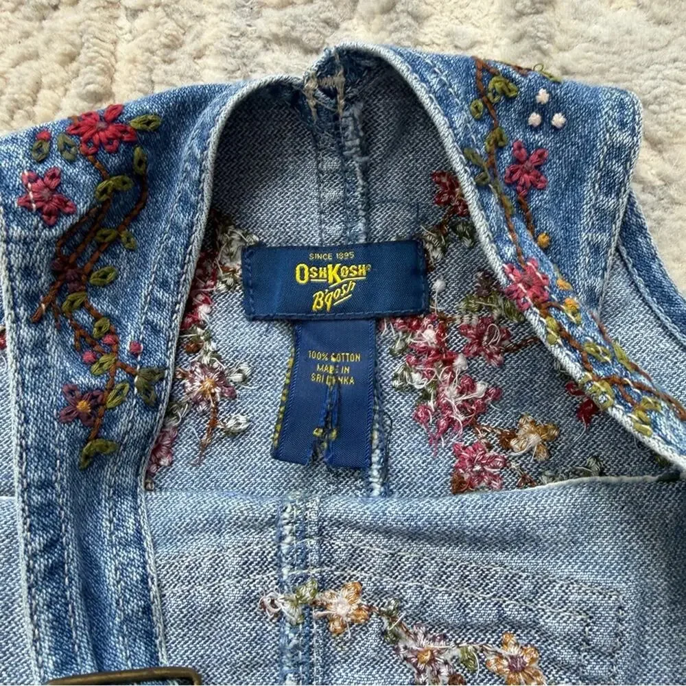 Vintage OshKosh B’gosh Girls Denim Jumper Overall Dress Embroidered Flowers 4T